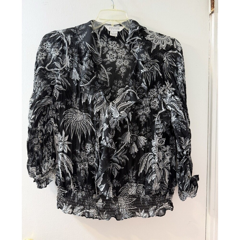Allison Taylor Floral Chiffon Ruffle V-Neck 3/4 Sleeve Pullover Blouse L